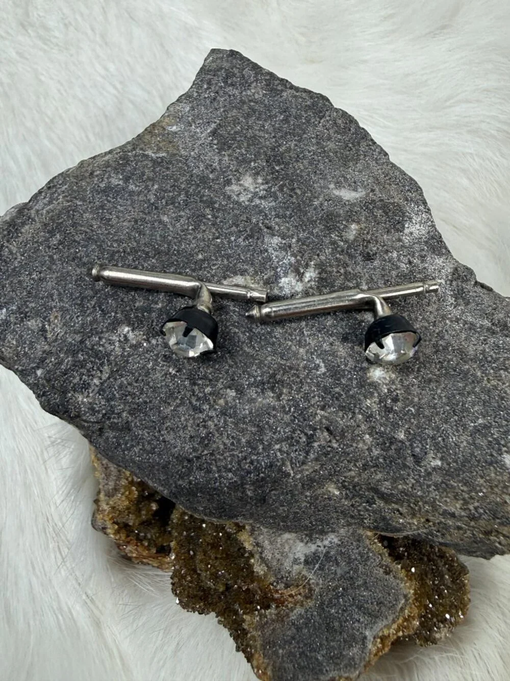 Vintage Black Metal & Silver Tone w/ Clear Rhinestone Shirt Studs
